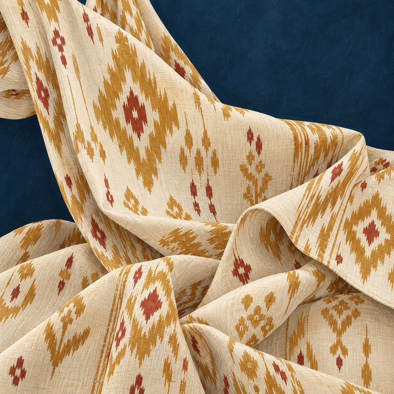 Ilustrasi lipatan kain gading dengan motif geometris emas dan merah bata pada latar nila